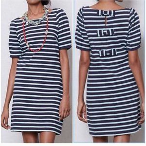 ANTHRO | Postage stamp Bow back striped dress navy blue sz L
